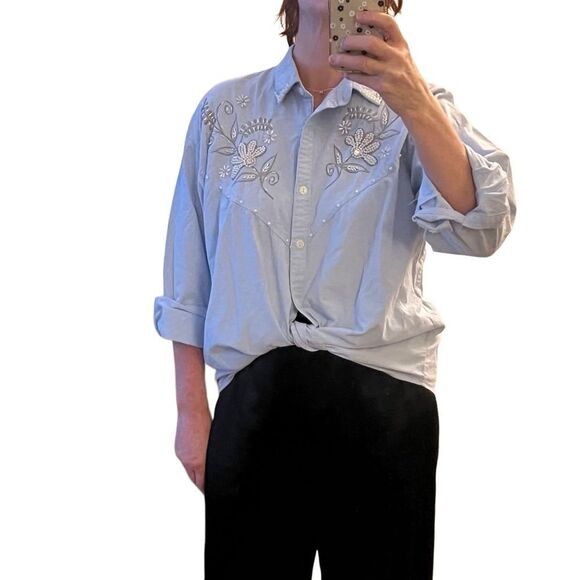 Vtg 80s Blue Button Down Pearl Floral Embellished Chambray Oversized Shirt 1X - Picture 8 of 16